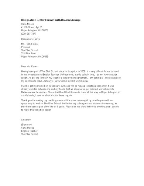 Resignation Letter Format With Reason Marriage Templates At