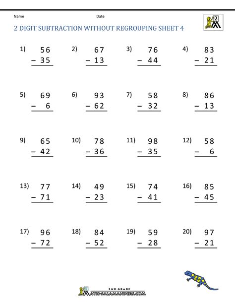 The problems may be configured with either 2 digits minus 1 digit problems or 2 digits minus 2 digits problems. 2 Digit Subtraction without Regrouping Worksheets