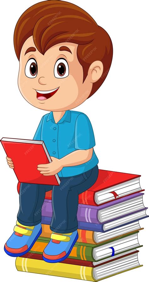 Niño De Dibujos Animados Sentado Y Sosteniendo Un Libro Sobre Una Pila
