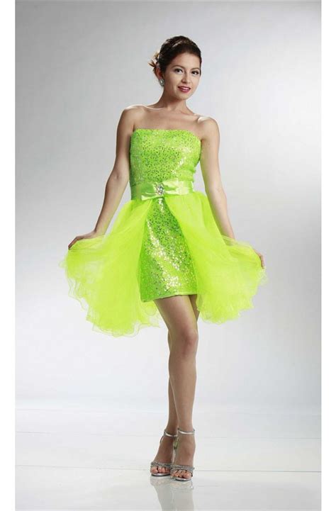 Charming Strapless Short Lime Green Sequin Prom Dress Detachable Skirt
