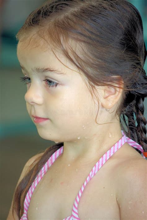 Wet Little Girl In Her Bathing Suit Stock Image Image Of Adorable