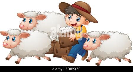 Pastor de ovejas con rebaño personaje ilustración vectorial Imagen