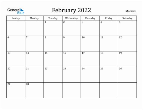 February 2022 Calendar With Malawi Holidays