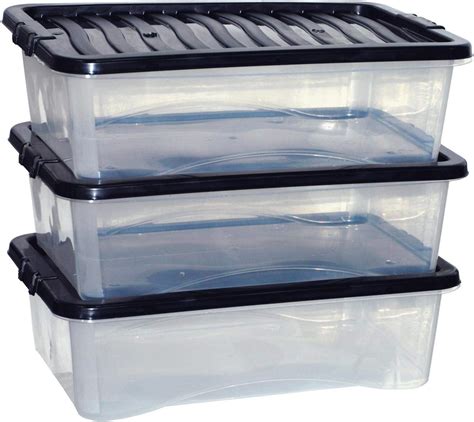 32l 32 Litre Large Big Plastic Storage Clear Box Strong Stackable Container And Lids Set Of 3