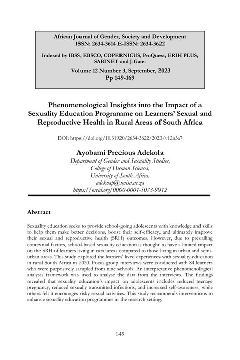 Pdf Phenomenological Insights Into The Impact Of A Sexuality Education Programme On Learners
