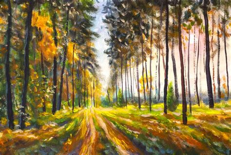 Sunset Forest Landscape Painting Park Trees Sun Rays Stock Photo