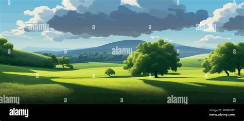 Vector Illustration Of Beautiful Summer Fields Landscape With Sunrise
