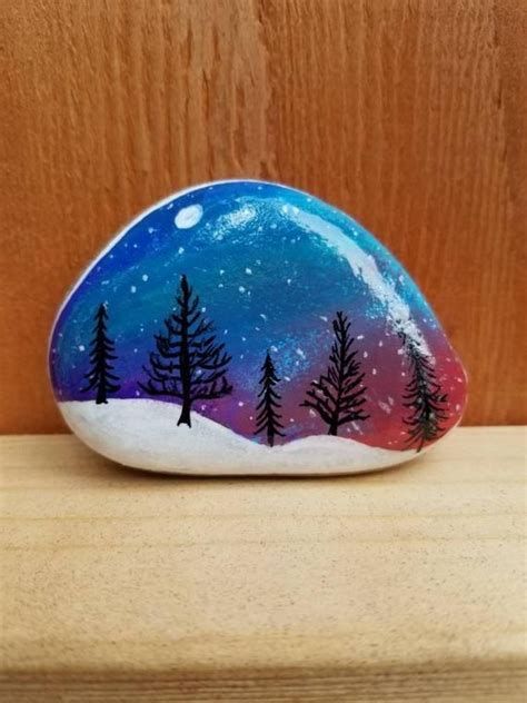 Items Similar To Starry Night Sky Painted Rock Trees Silhouette Snowy