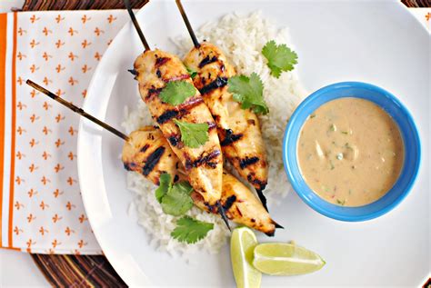 Thai Chicken Satay And Peanut Sauce Ginger Coconut Rice Simply Scratch