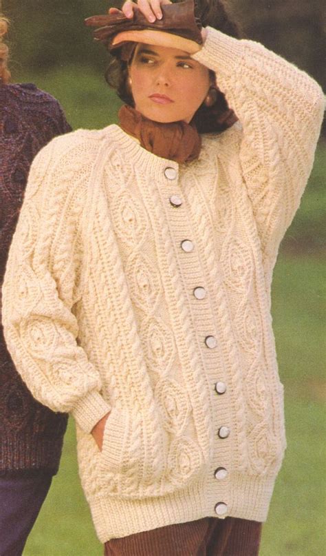 round neck raglan aran jacket cardigan with pockets 32 42 ~ knitting pattern ebay free