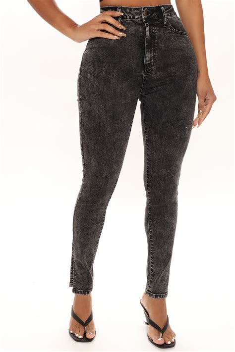 Got You Hooked Side Slit Skinny Jeans Acid Wash Black Fashion Nova