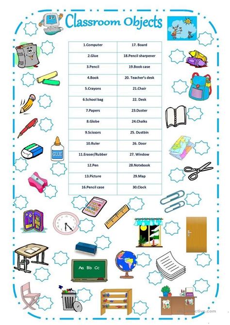An Image Of Classroom Objects Worksheet With Pictures And Words In The