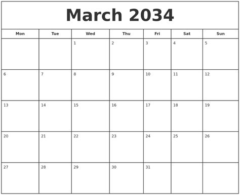 March 2034 Print Free Calendar