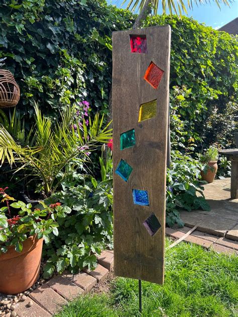 Abstract Garden Sculpture Stained Glass Reclaimed Wood Etsy Uk Glass Garden Art Stained