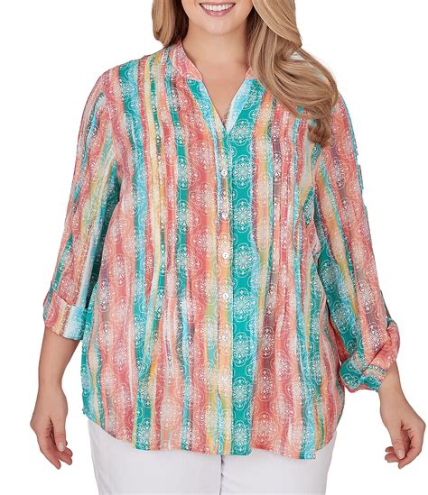 Ruby Rd Plus Size Woven Stripe Banded Collar 34 Roll Tab Sleeve Pintuck Button Front Shirt