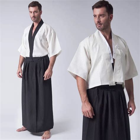 Japan Tradition Japanese Kimono Men Black White Yukata Clothing 3pcs