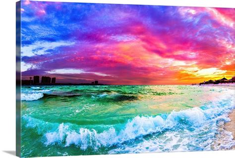 Purple Blue Sunset Ocean Wave Beautiful Sea Wall Art Canvas Prints