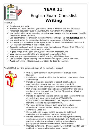 Gcse English Writing Checklist Teaching Resources