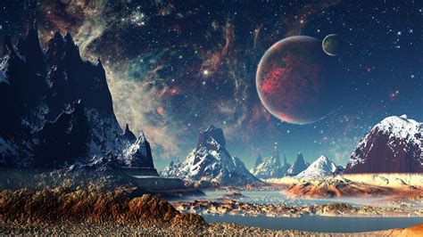 Mountains Stars Space Planets Digital Art Artwork 4k Hd