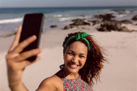 Beautiful Woman Taking Selfie With Mobile Phone On Beach In The Sunshine Stock Image Image Of