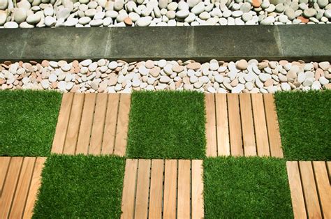 Does artificial grass installation look too daunting for you? Teak and Artificial Grass - Garden Tile 30x30 - Click ...