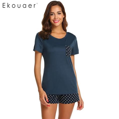 Ekouaer Women Sleepwear Pajamas Sets O Neck Short Sleeve Tops Dot Pocket Shorts Pajamas Set