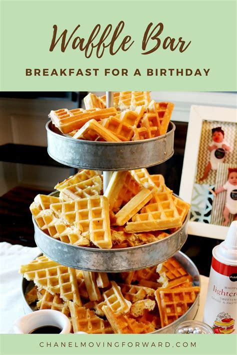 Three Tiered Tray With Waffles On It And The Words Waffle Bar Breakfast For