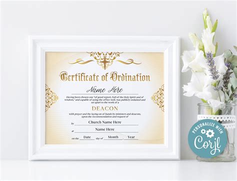 Printable Certificate Of Ordination Editable Ordained Minister