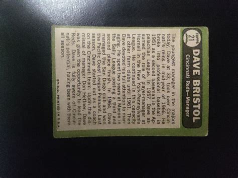 Dave Bristol 1967 Topps Baseball Card 21 Cincinnati Reds Fair Free Shipping Ebay