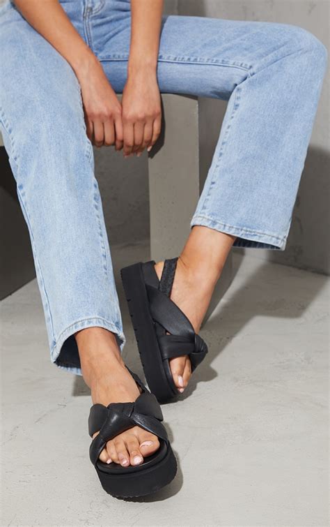 Black Real Leather Knotted Flatform Footbed Sandals Prettylittlething