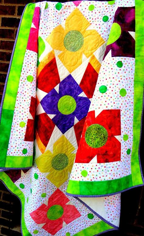 Bright Girl Quilt Of Rainbow Colored Flowers And Polka Dots Etsy