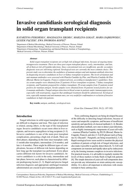 Pdf Clinical Immunology Invasive Candidiasis Serological Diagnosis In