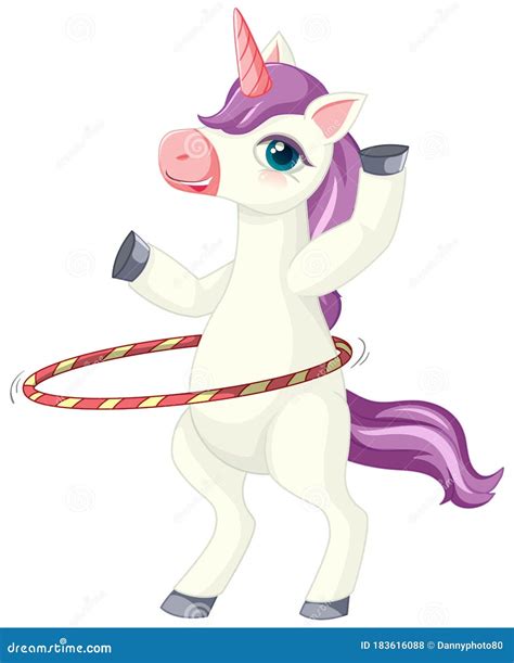 Cute Purple Unicorn In Playing Hula Hoop Position On White Background