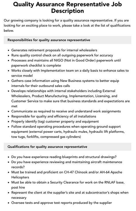 Quality Assurance Representative Job Description | Velvet Jobs
