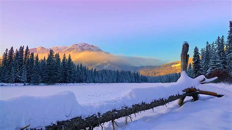 Sunset On The Frozen Bow River Banff Alberta Winter Snow Clouds