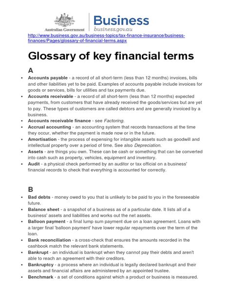 Glossary Of Key Financial Terms Loans Factoring