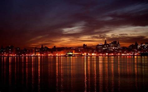 Skyline Night City Lights Reflection Lake New York
