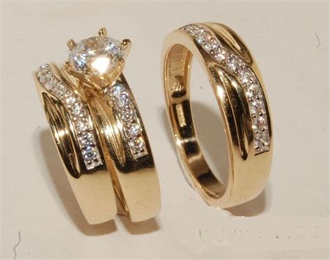 Diamond Trio Set 14k Yellow Gold Matching His And Her Engagement Ring