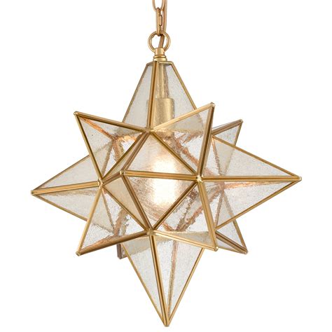 Brass Moravian Star Pendant Light Seeded Glass Claxy