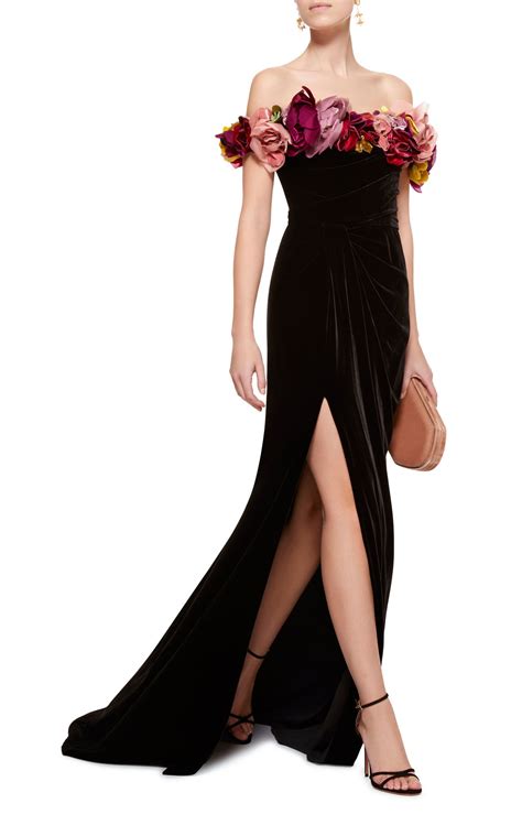 floral appliquéd off the shoulder velvet gown by marchesa now available on moda operandi