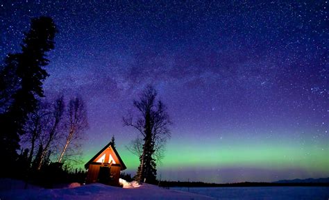 Starry Sky Over Winter Cabin Hd Wallpaper Background