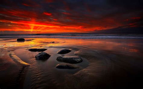 Red Sky Sunlight Ocean Peaceful Waves Sea Sunset Splendor Sand Seascape