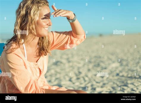 Happy Blond Traveller Woman Enjoys Her Beach Vacation Female Swedish Model Outdoors Copy Space
