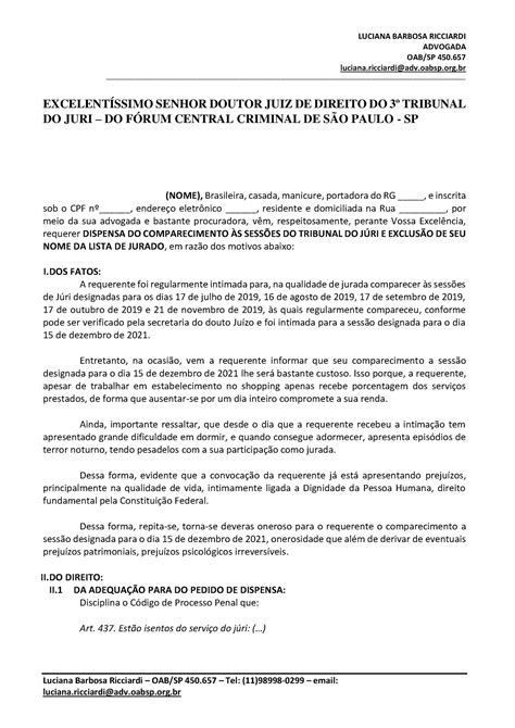 Petição Dispensa Do Juri Luciana Barbosa Ricciardi Advogada Oabsp