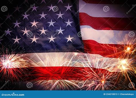 Independence Day Of Usa National American Flag And Fireworks Stock