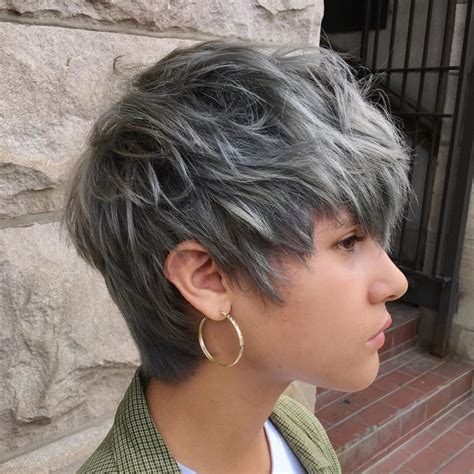 Gel spray can maintain well and will not appear wet or make the hair weigh down. Gray Shaggy Pixie | Thick hair styles, Haircut for thick ...