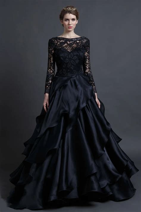 elegant black lace wedding dress see through long sleeve wedding ball gown gothic princess