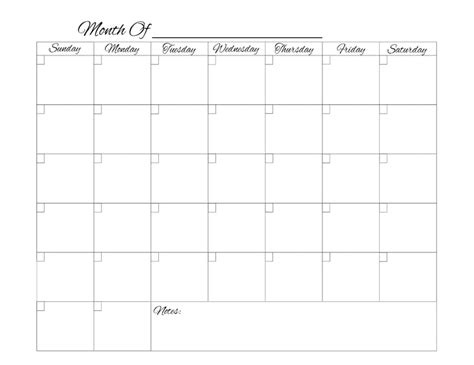 Blank Calendar Printable Instant Digital Download Monthly Calendar