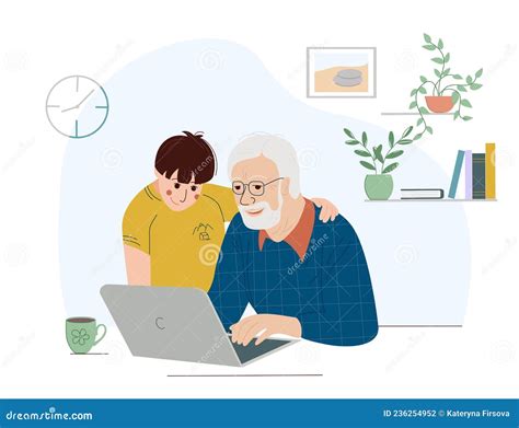 Happy Grandpa With A Laptop The Old Man Sits With His Grandson At The