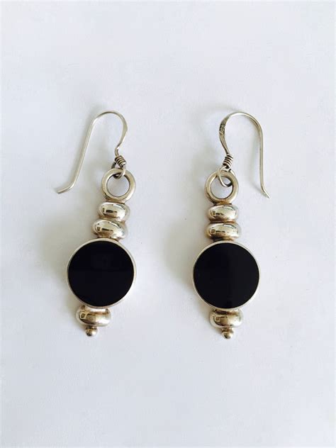Classic Black Onyx And Sterling Silver Drop Earrings Handcrafted Bezel
